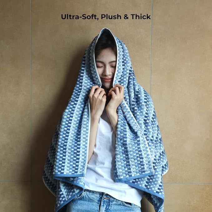 Premium Luxury Waffle Weave Cotton Towel Set - 160g Hand Towel & 650g Oversized Bath Towel (30"x60") - Ultra Absorbent, Quick-Dry, Soft Textured Jacquard (Sea Salt Blue)