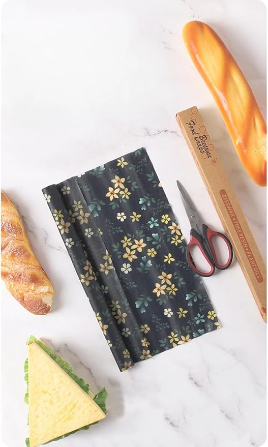 Beeswax food preservation cloth can be reused, cut, organic cotton, environmentally friendly, zero waste plastic preservation film substitute, 30x100cm roll (fruit/flower pattern)