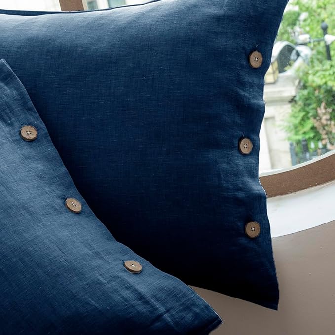 EVERLY 100% Linen Pillowcases Set of 2, French Linen from Normandy, 20X26Inch Standard Size, Natural Color, Coconut Buttons Closure, Flax Pillowshams-Pillowcase-Navy Blue