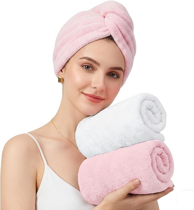 Mandydov 100% Cotton Hair Towel Wrap for Women, 2 Pack Thickened & Super Absorbent Turbans, Anti Frizz Quick Dry Hair Towels (White, Pink)