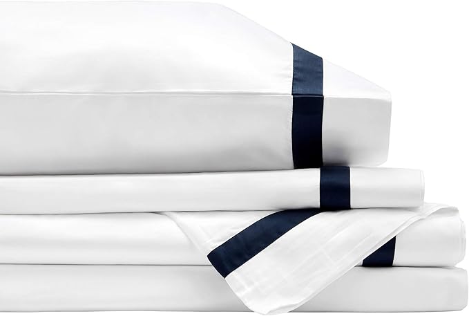 BIOWEAVES 100% Organic Cotton Banded Sheets Soft & Silky Sateen Weaves 4-Piece GOTS Certified Bed Sheet Set Fits Mattress Upto 17" Deep Pocket (King, White & Navy Blue)