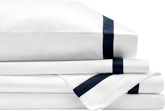 BIOWEAVES 100% Organic Cotton Banded Sheets Soft & Silky Sateen Weaves 4-Piece GOTS Certified Bed Sheet Set Fits Mattress Upto 17" Deep Pocket (King, White & Navy Blue)