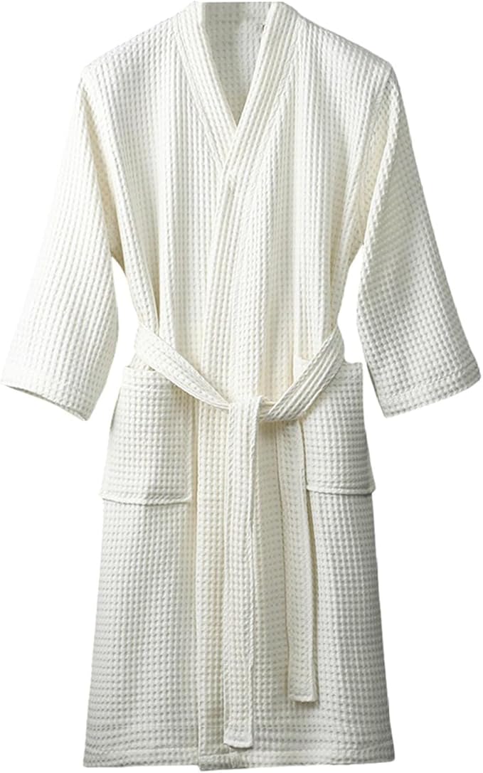 Men and Women 100% Cotton Waffle Bathrobe,Lightweight Soft Absorbent Kimono Robe,Couple Dressing Gowns Housecoat