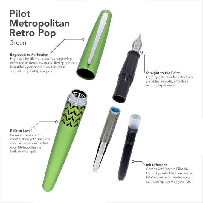 Goldspot Personalized Pilot Metropolitan Retro Pop Fountain Pen in Custom Engraved Pen in Green