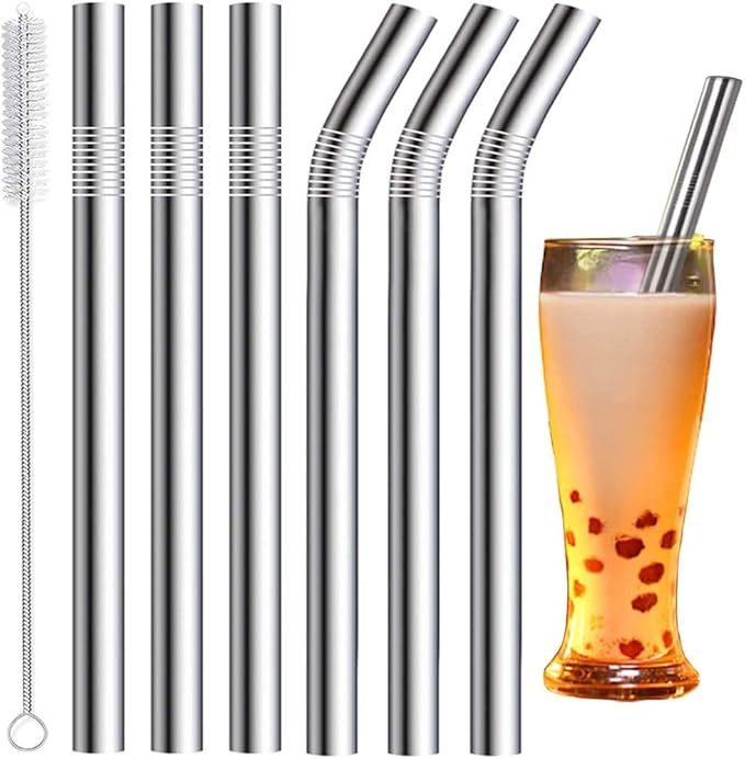 Vinaco Stainless Steel Smoothie Straws, 0.5'' Extra Wide Reusable Metal Drinking Straws for Milkshakes, Bubble Tea, Smoothie, Set of 6 Jumbo Drinks with 1 Cleaning Brush