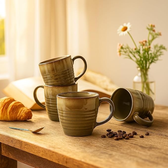 Ava Nord 14 oz Coffee Mugs Set of 4, Ceramic Coffee Mugs with Handle – Reactive Glaze Stoneware Coffee Mug Set for Tea, Latte, Cappuccino, Cocoa, Hot Chocolate – Microwave & Dishwasher Safe - Green