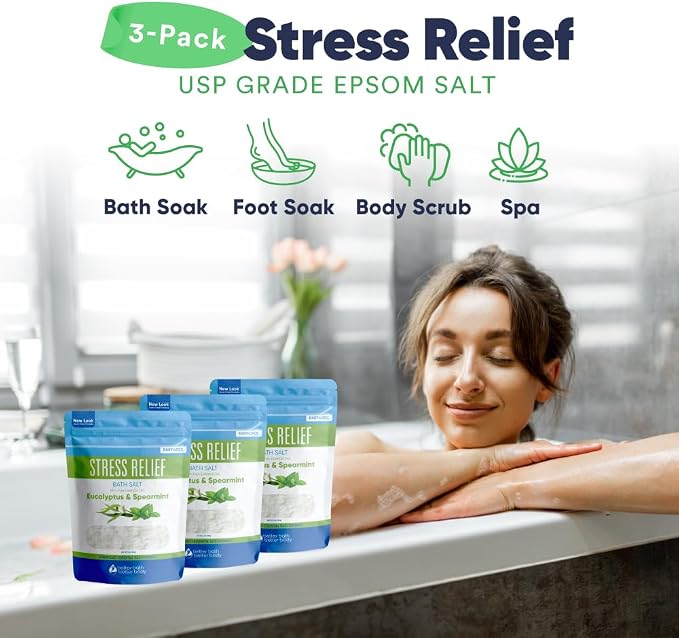 Stress Relief Bath Salt (3 Pack) Epsom Salt Relaxing Bath with Eucalyptus and Spearmint Essential Oils Plus Vitamin C Crystals in BPA Free Pouch Made in USA 2 lbs Pouches 6 Lbs Total