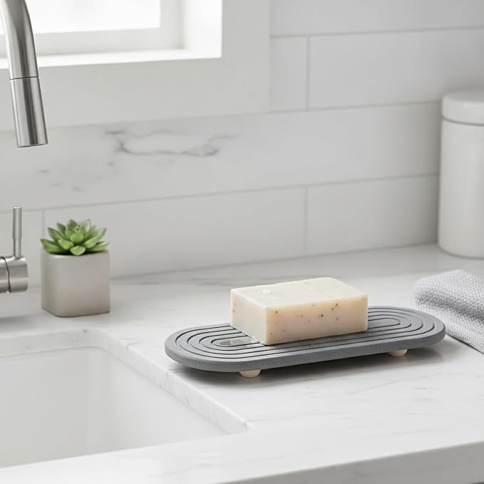 Diatomite Soap Dish with Wooden Stand, Absorbent Stone Tray for Bar Soap, Bathroom Sink Counter Organizer (1 PC)