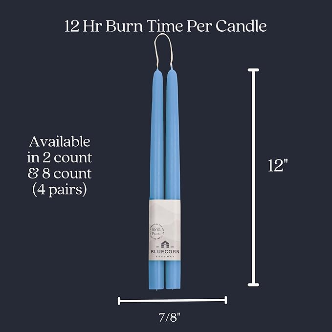 Bluecorn Beeswax Taper Candles, 100% Pure Natural Bees Wax, Pair of 12 Inch Light Blue Tapered Candlesticks, Clean Burning & Dripless, Fragrance Free, Long Lasting, Home Decor, American Made, 1 Count
