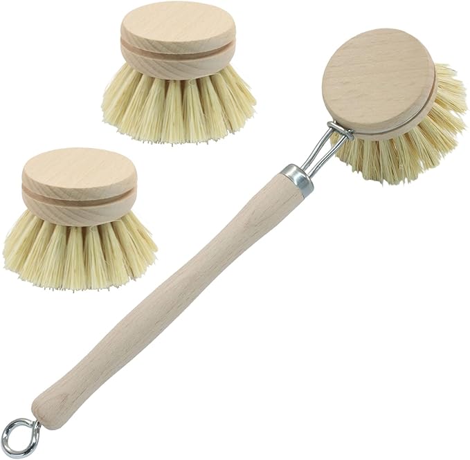 Murtenze Dish Brush with Wooden Handle, Sisal Bristles Brush with 2 Replacement Heads, Natural Wood Dish Scrubber for Washing and Cleaning Pots and Pans (Ring Type)