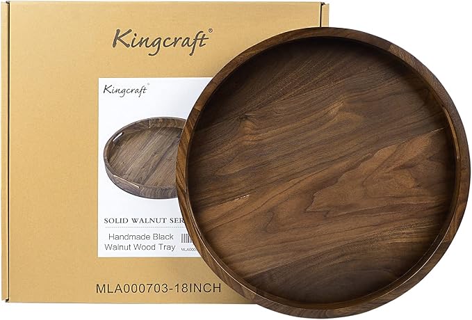 18 x 18 inches Large Round Ottoman Table Tray, Wooden Solid Black Walnut Circle Platter Decorative Serving Tray with Handle for Oversized Ottoman Home Breakfast in Bed Tea Coffee