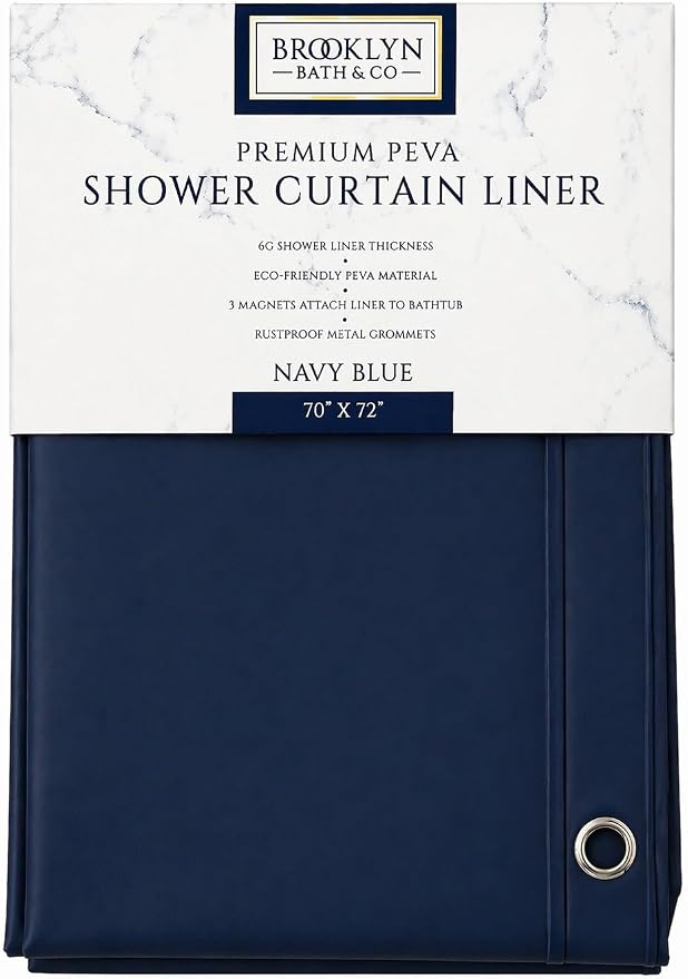 Home Expressions Premium 6 Guage PEVA Shower Curtain Liner - PVC Free Magnetized Bottom Odorless with Rustproof Grommets 70"x72" (Navy)