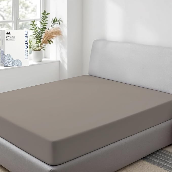 Mayfair Linen 100% Organic Cotton Percale Weave Fitted Sheet Queen Size, Taupe, 1 Deep Pocket Queen Fitted Sheet, Fits Mattress Upto 16" Crisp and Cool Bed Linen, Luxury GOTS Certified Sheets