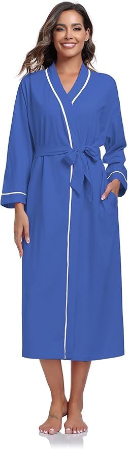 COLORFULLEAF 100% Cotton Women's Robes Summer Lightweight Kimono Soft Long Cotton Bathrobe for Women with Pockets