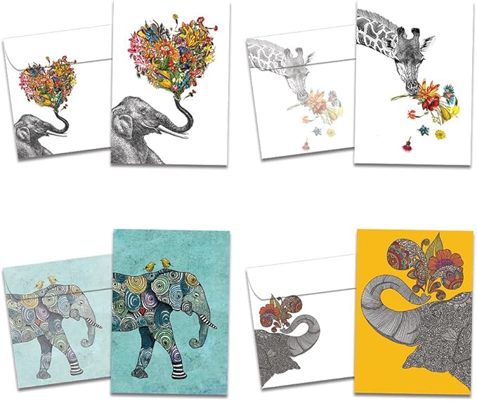 Tree-Free Greetings 16 Pack Card Assortment & Matching Envelopes,5”x7”,Made in USA,100% Recycled Paper,Vibrant Elephant & Giraffe Variety (GP54069)