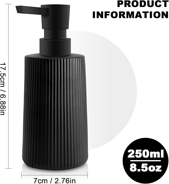 Glass Soap Dispenser for Bathroom, 250ml/8.5oz Dish Soap Dispenser with Pump for Kitchen, Modern Minimalist Stripe Style Hand Soap Dispenser, Small Refillable Soap Dispenser (Black 1pc)
