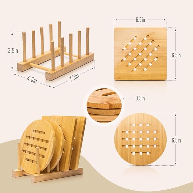 Bamboo Trivet Kitchen Bamboo Hot Pads Mat Set for Hot Dishes/Bowl/Teapot/Hot Pot Holders (Large 20 cm 5pack)