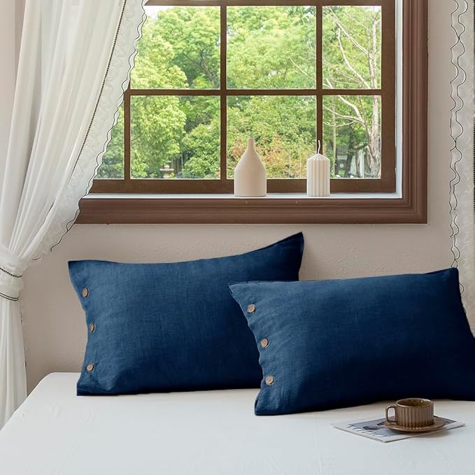 EVERLY 100% Linen Pillowcases Set of 2, French Linen from Normandy, 20X36Inch Standard Size, Natural Color, Coconut Buttons Closure, Flax Pillowshams-Pillowcase-Navy Blue