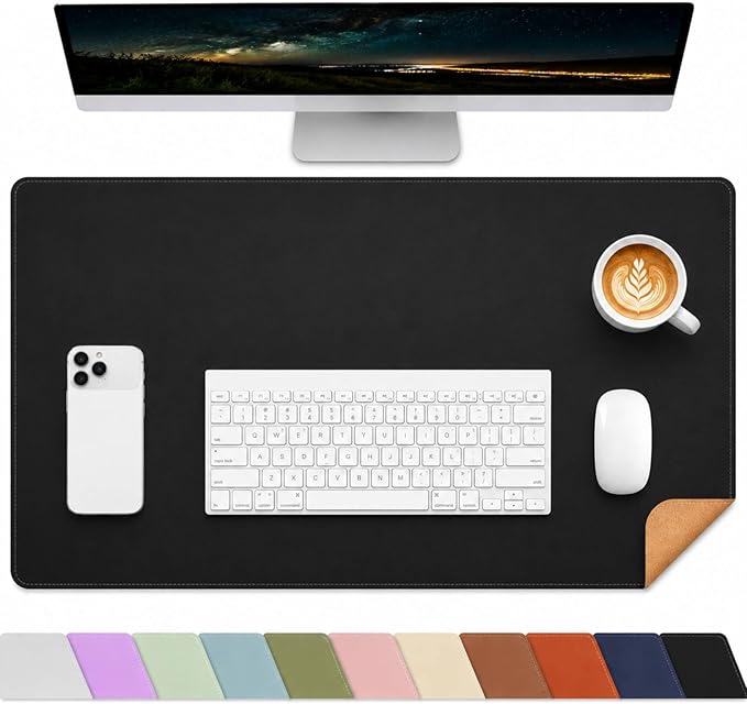 AFIING Leather Desk Pad Protector, Large Mouse Pad, Dual-Sided PU Leather & Natural Cork Desk Mat, Non-Slip Waterproof Laptop Desk Blotter for Office and Home, 23.6" x 13.7", Black