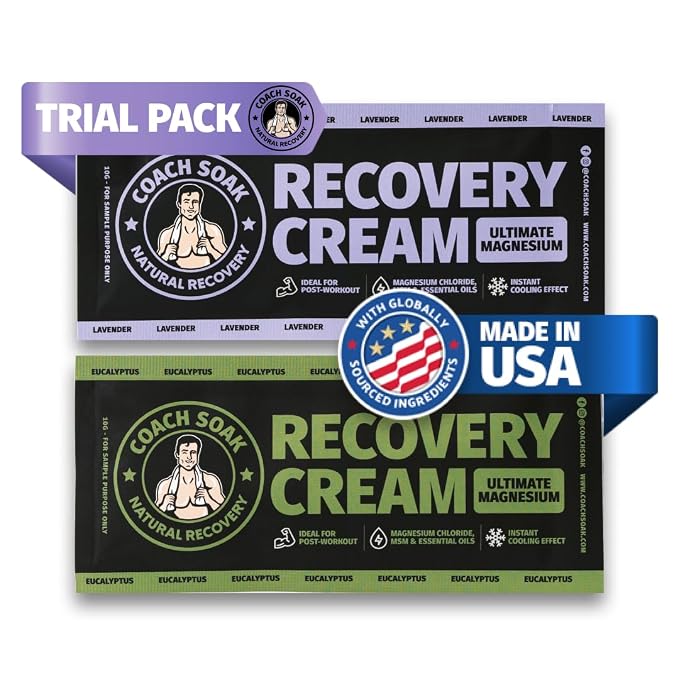 Coach Soak Magnesium Lotion Trial Pack - 0.04 lb (Pack of 2) | Eucalyptus & Lavender Scented Magnesium Chloride & MSM Cream for Athlete Recovery