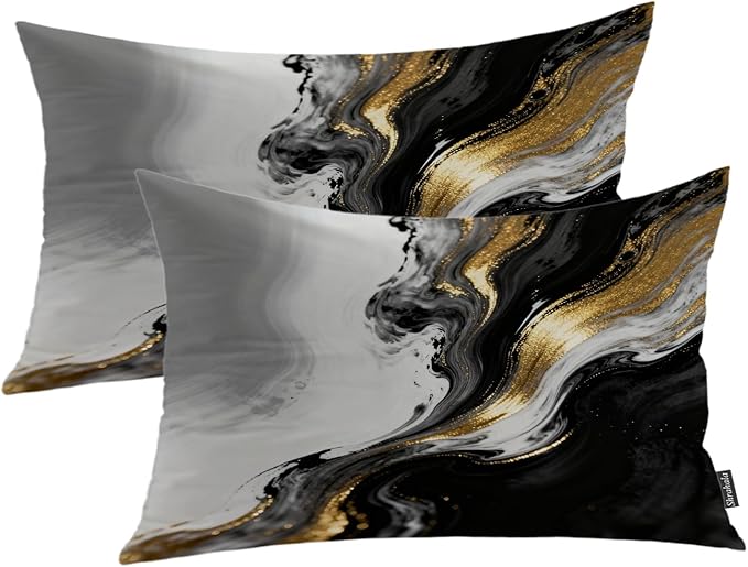 Shrahala Black and White Decorative Throw Pillow Cover, Abstract Hand Black and White with Gold Close Lumbar Pillowcase Blended Double-Sided No Inserts for Bedroom Living Room Set of 2 (12 X 20 in)