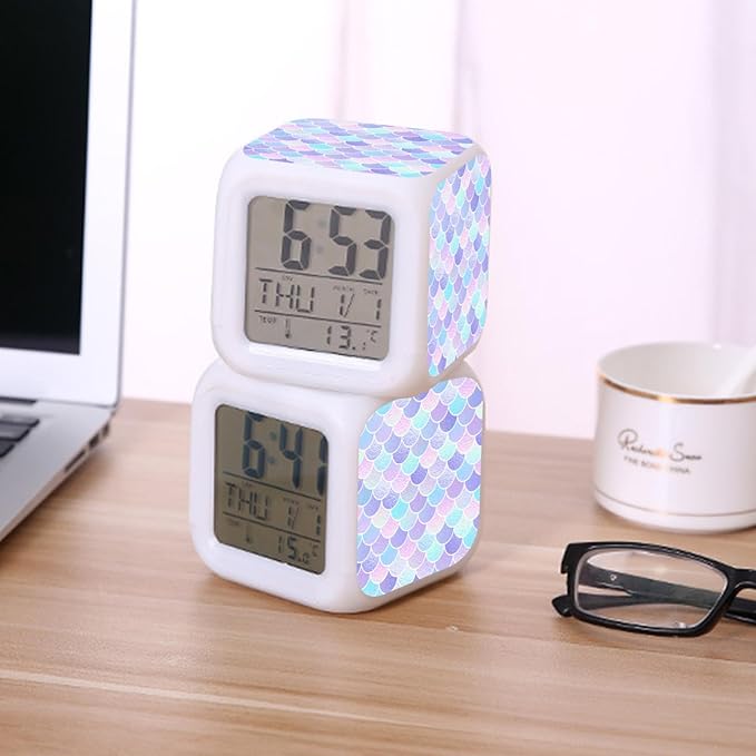 Digital Alarm Clock,Mermaid Tail Pattern 7 Color Change LED Digital Alarm Clock with Date Thermometer for Toddlers,Girls and Boys