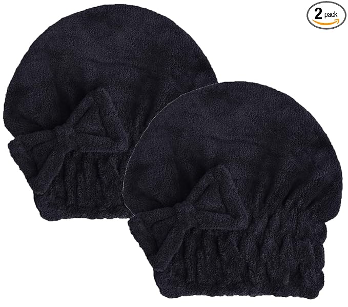 Microfiber Hair Drying Towels Head wrap with Bow-Knot Shower Cap Hair Turban hairWrap Bath Cap for Curly Long & Wet Hair Gift for Women Blackx2