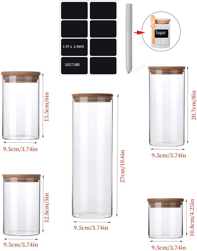 Glass Jars with Bamboo Lids 36 OZ [Set of 5],Canisters with Airtight, Glass Food StorageContainers for Coffee, Sugar,Tea, Candies, Cookies | Natural bamboo lids reliable airtight sealing for coffee sugar tea candies cookies 36 oz set of 5 glass jars