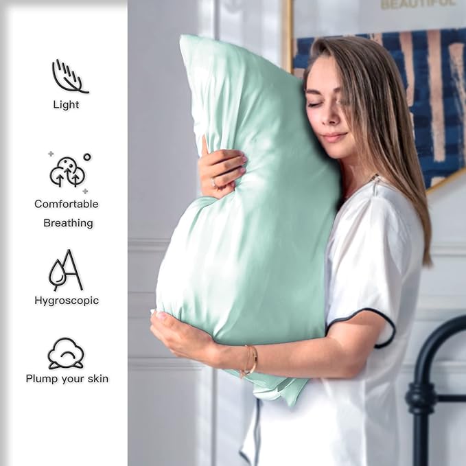Silk Pillow Cases 2 Pack,Soft Breathable and Sliky Queen Size Pillow Cases Set of 2,Natural Mulberry Silk Pillowcase Set of 2 for Hair and Skin with Hidden Zipper (Sage Green,20"X 30",2pcs)