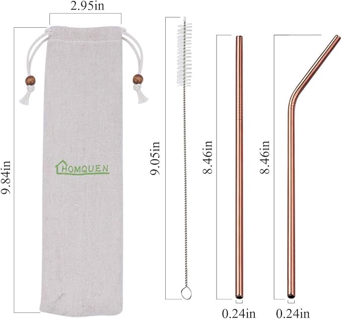 18 Piece Copper Stainless Steel Straws, 8.5 '' Reusable Rose Gold Drinking Straws,with Portable Pouch (8 Straight/8 Bent/2 Brushes)