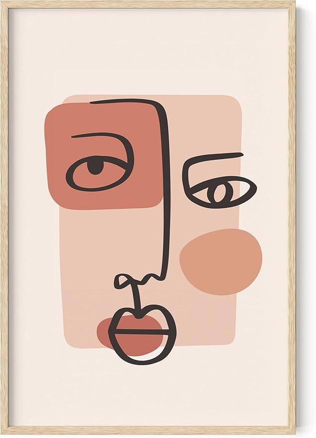 Abstract Face Wall Art Continuous Line Drawing Organic Shapes Earth Tones Terracotta Mid Century Modern 24x36 Inch Oak Wood Beige Framed Minimalist Portrait for Bedroom Decor