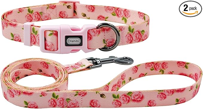 Dog Collar Leash Set, Floral Pattern, Polyester Material, Adjustable Collar and 5ft Matching Leash, for Puppy Dogs.(XS, Pink Rose)