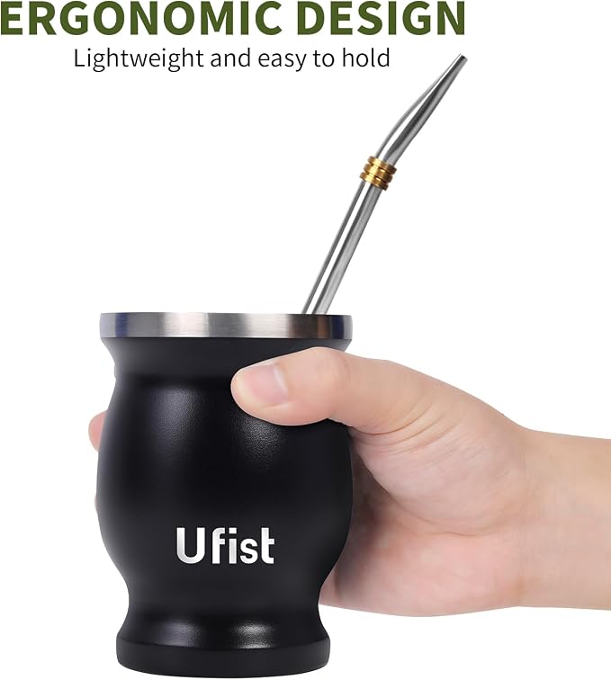 Yerba Mate Cup Set, Includes Stainless Steel Argentina Classic 8.4 oz Mate Gourd, 2pcs Bombilla Straws and Clean Brush (Black)