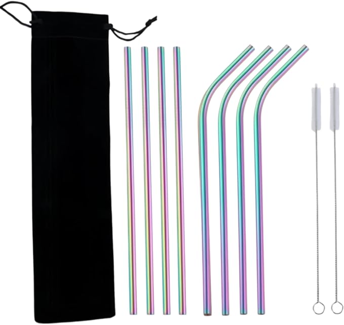 Heavy Duty 304 Stainless Steel Reusable Straw Set, 8 Pack Multi-Color Smoothie Straws with Travel Pouch & Cleaner, Dishwasher Safe Eco- (Rainbow-colored-black bags,8pc)