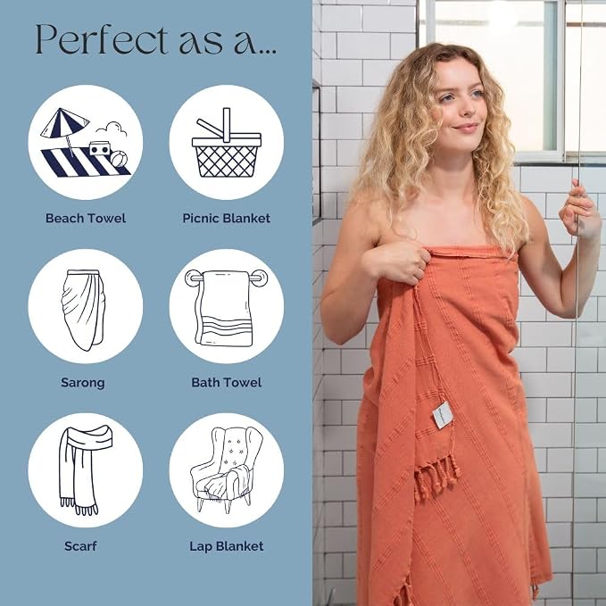 InfuseZen Stonewashed Turkish Cotton Bath and Beach Towel - Orange | 100% Organic, Thin, Soft, Lightweight, Absorbent, Quick-Drying, Large Peshtemal, Sand-Resistant for Shower, Pool, Spa, Travel