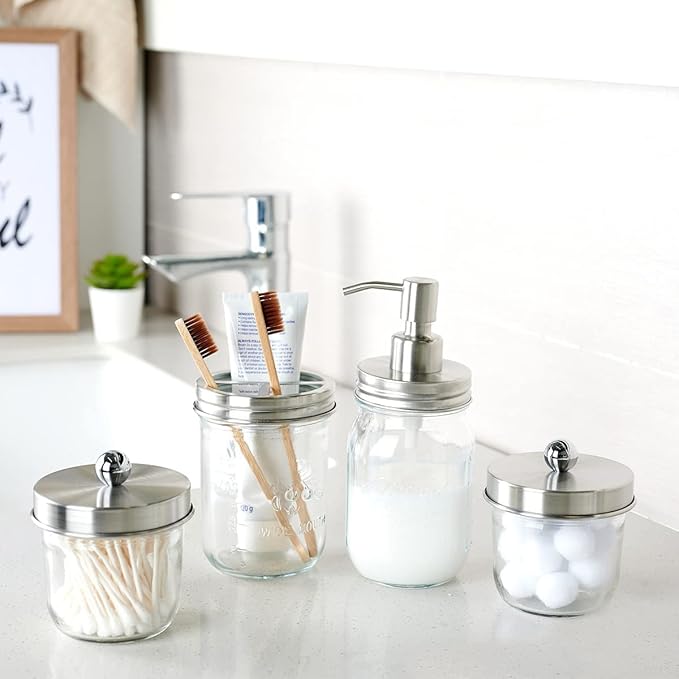 Amolliar Mason Jar Liquid Soap Dispenser, Stainless Steel Mason Jar Lid & Pump, Refillable Hand Soap Dispenser, Lotions, Dish Soap Bottle for Kitchen Bathroom, Bathroom Decor, Brushed Nickel 2 Pack