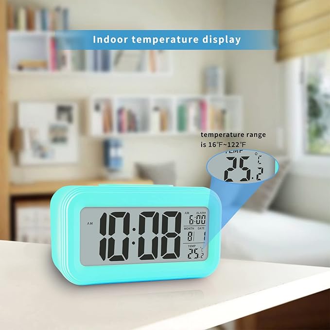 Digital Alarm Clock with Indoor Temperature, Battery Operated,Snooze Model,12/24H Display for Bedrooms Heavy Sleepers Kids Travel Bathroom Desk Smart Clock