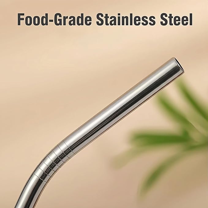 Reusable Stainless Steel Bent Straws, 5 Pack, 8.5 Inch, Food-Grade Metal Drinking Straws with Cleaning Brush, Silver, Black, Rose Gold, Gold, Iridescent
