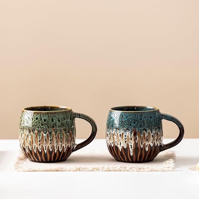 20oz Large Coffee Mug - Unique Handcrafted Look Ceramic Cup, Large Tea Mug, Microwave & Dishwasher Safe (green,Set of 4)