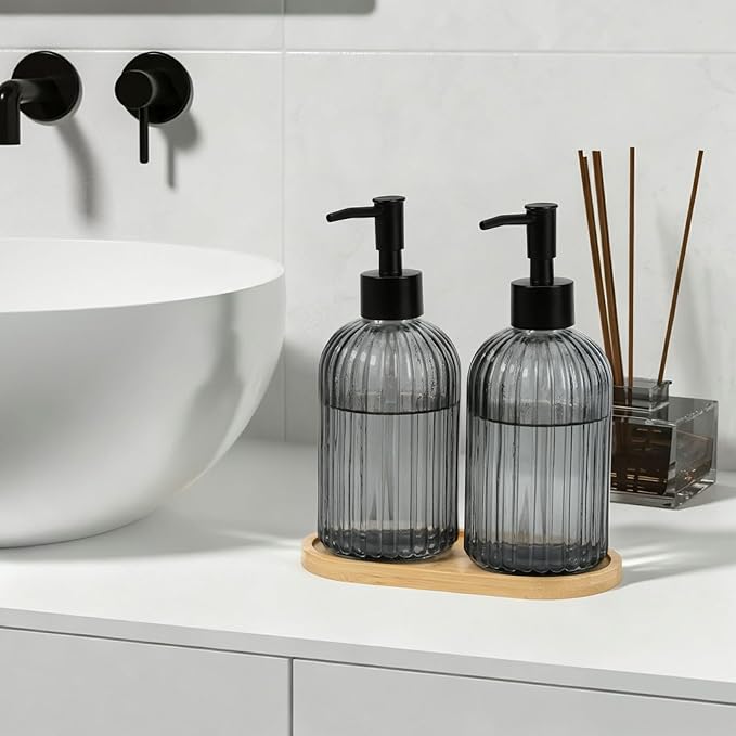 Glass Soap Dispenser Set with Wood Tray, Glass Soap Dispenser with Plastic Pump, Hand and Dish Set for Bathroom Decor (Grey)