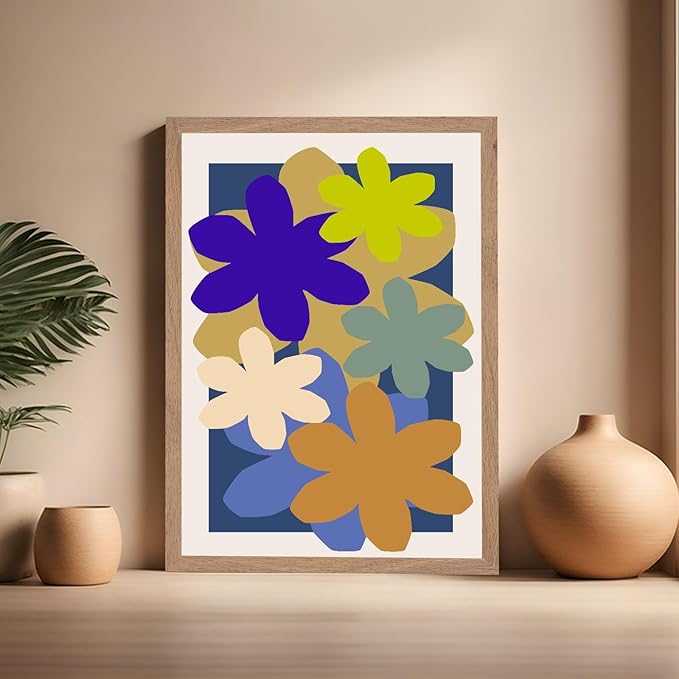 Monem Art Colorful Abstract Floral Shapes Print - Modern Minimalist Flower Art Poster - Wall Decor for Living Room, Bedroom or Office - 16x20 Beige Framed Wall Art by Rs Lab Studio