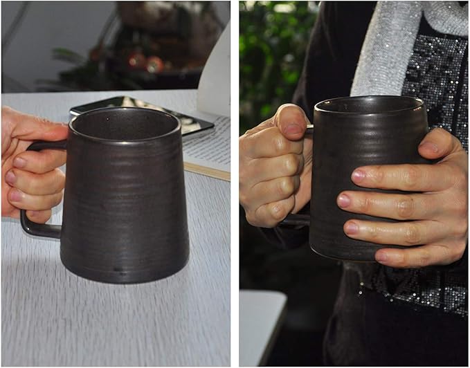 Large Handmade Pottery Coffee Mug, Unique Metallic Glazed Ceramic Drinking Cup Coffee Cup with Big Handle for Home, Office or Gifts, Microwaveable, Annular Texture 16 oz