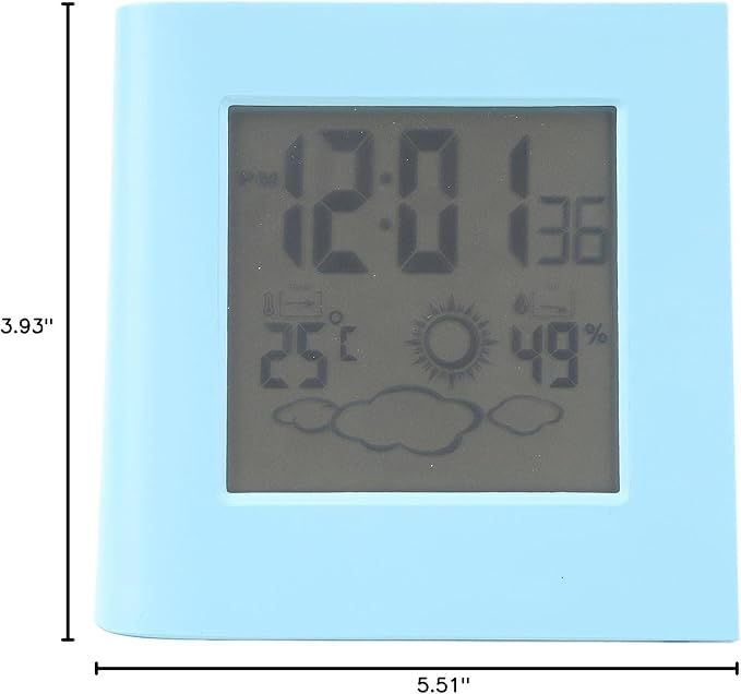 Solar Powered Dual Energy Alarm Clock with Weather Forecast and Temperature Humidity Display for Home Office (Blue)