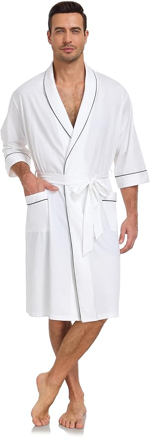 COLORFULLEAF 100% Cotton Men’s Summer Bathrobe Lightweight & Breathable Short Sleeve Kimono Robe with Pockets