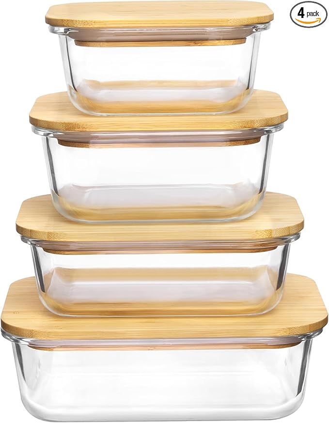 4-Piece Glass Food Storage Container Set with Bamboo Lids, Airtight Kitchen Storage Containers, BPA-Free Glass Canisters for Pantry Organization, Meal Prep & Food Storage
