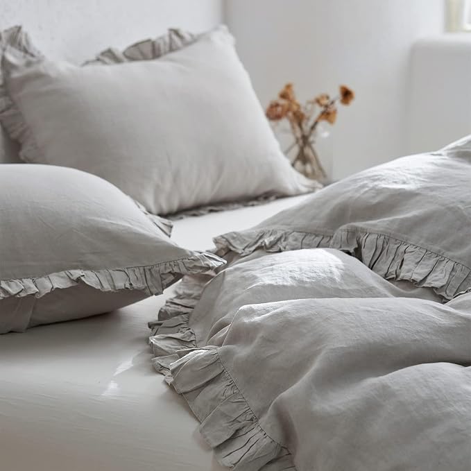 Simple&Opulence 100% Linen Euro Sham Covers with Ruffle, 26x26 Inch Pillow Covers Set of 2, Euro Pillow Shams for Bed Couch French Home Decor Luxury and Breathable Square Pillow Cases, Light Grey