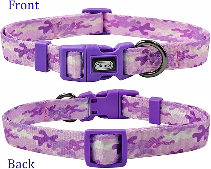 Dog Collar Leash Set, Camouflage Pattern, Polyester Material, Adjustable Collar and 5ft Matching Leash, for Puppy Dogs.(XS, Purple Camo)