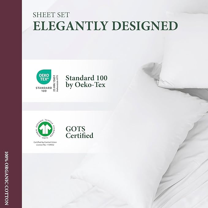 100% Organic Cotton Sheets King Size - Organic Cotton King Size Percale Weave Sheet Set (4 PC, White), Soft, Cooling, Crisp & Breathable, 16" Deep Pocket Hotel Quality Bedding Set