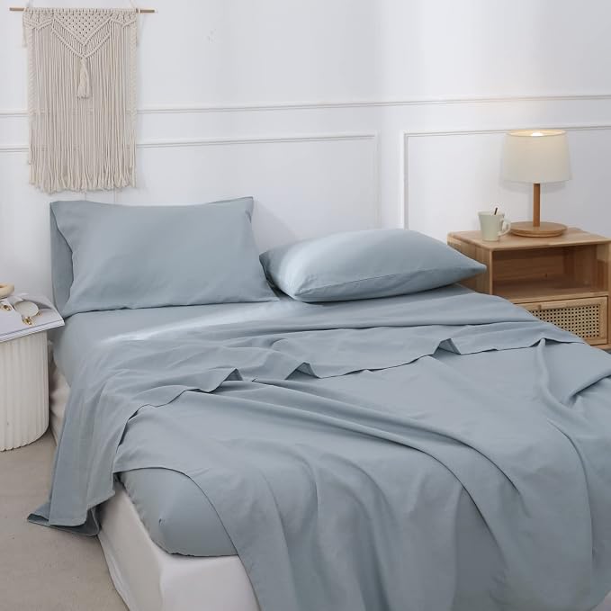 Simple&Opulence Linen Pillowcases 1 Pair Basic Style 55% Euro Linen 45% Cotton Blend Solid Color Flax Shams Set of 2, King Size 20"x40", Dusty Blue