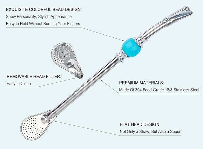Premium Yerba Mate Straws - Reusable Stainless Steel Bombilla Straw with Colorful Beads - Set with Removable Head Filter (Blue)
